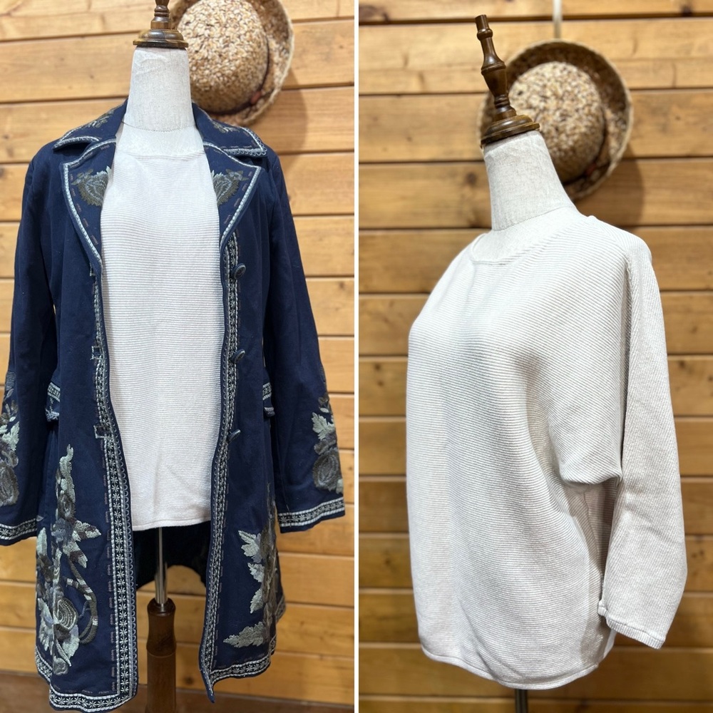 R Label Linen Blend Ribbed Knit Top Cream Oatmeal S/M